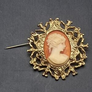 Vintage Cameo Brooch Orange Cream Gold Tone Lady HEad Portrait